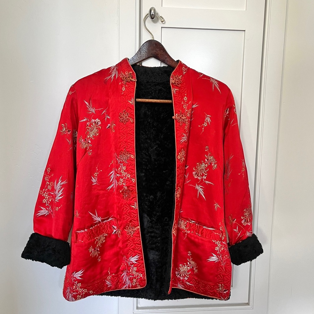 Vintage Red Black Chinese Asian Jacket Blazer Womens XS/S